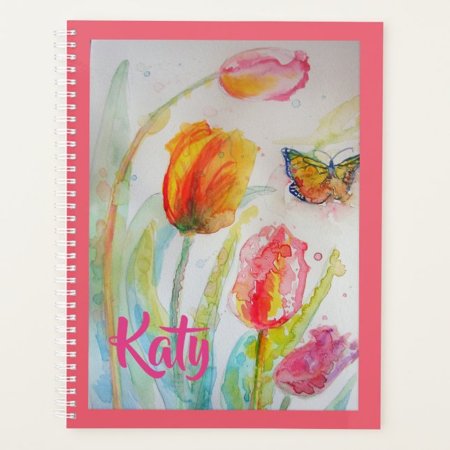 Caderno planejador de tulipas florais tulipa rosa (Frente)