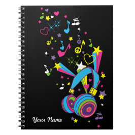Caderno Preto Personalizado Notas Musicais Fones d