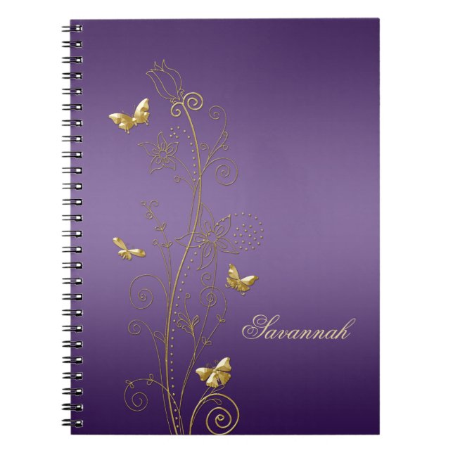 Cadernos de Borboletas Florais Roxo com Dourado (Frente)