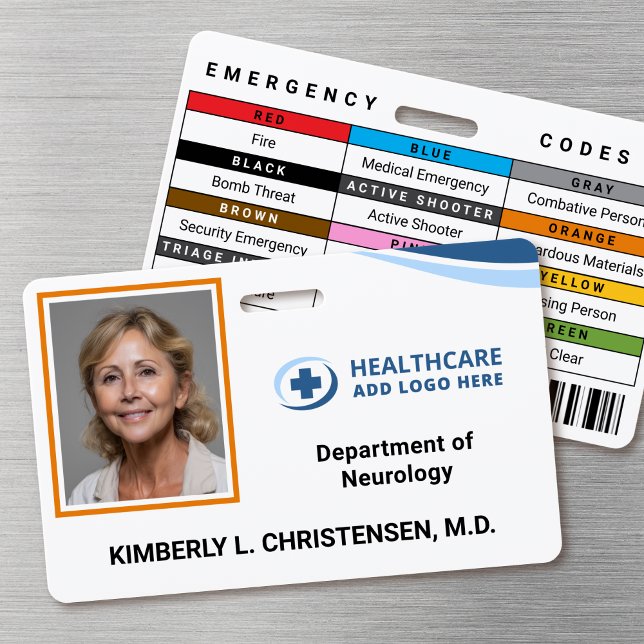 Cades de Emergência Crachá de Identificação de Fun (Double-sided photo ID badge with custom emergency codes and barcode image)