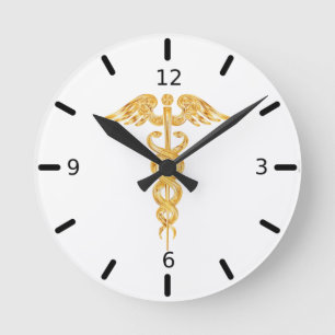 Caduceu Dourado em Relógio Redondo Branco