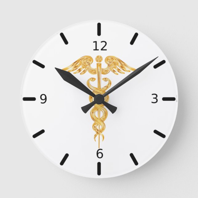 Caduceu Dourado em Relógio Redondo Branco (Frente)