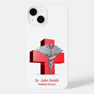 Caduceus 3D Médico Silver Cruz Vermelho