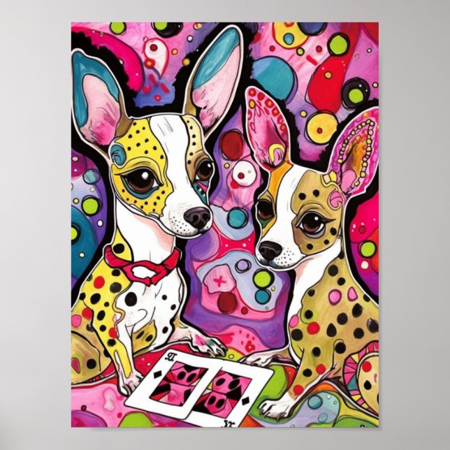 Cães Chihuahua adoráveis jogando cartas Poster (Frente)