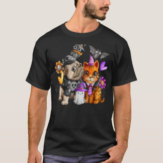 Cães Pugs e Gato Fofo Dia das Bruxas Gato Camiseta