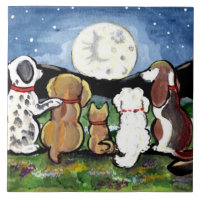 Cães Vendo Lua Escuro Azul Azul de 6" Trivet do Az