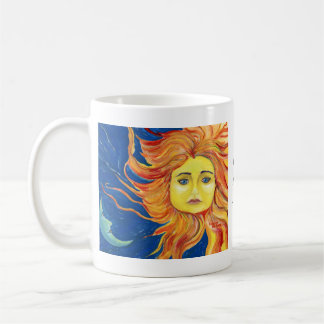 Café A arte azul, caneca amarela, alaranjada de Sun da