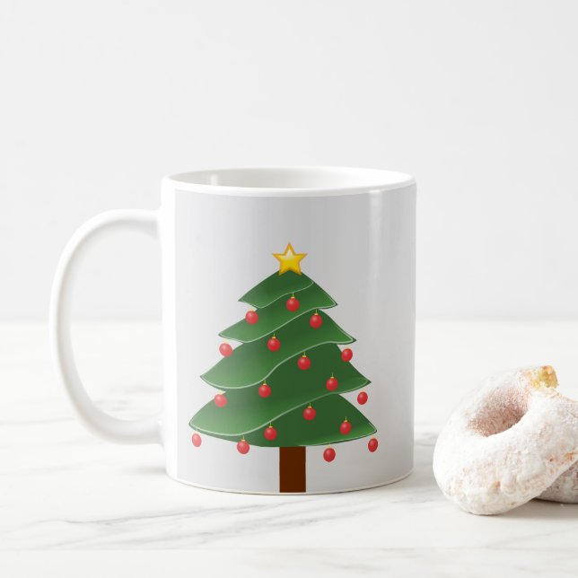 Café Árvore de Natal com Bolas Vermelhas Caneca Branca  (Com Donut)