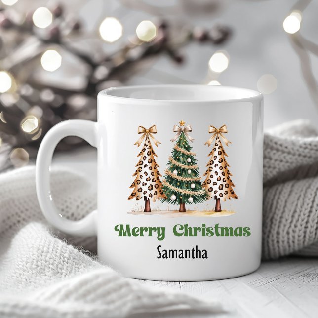 Café Árvores de Natal Creative Leopard Caneca Nome Pers (Creative Leopard Christmas Trees Custom Name Mug)