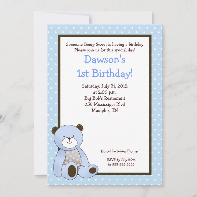Café Azul Bear Azul 5x7 Convite Aniversário (Frente)