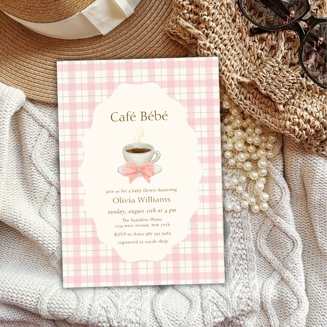Cafe Bébé Rosa Chá de Bebê Xadrez Convite de Chá d (Pink Bonjour Cafe Bébé Coffee Gingham Baby shower Invitation)
