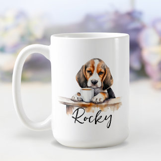 Café Cachorro com caneca de café, cão com atitude