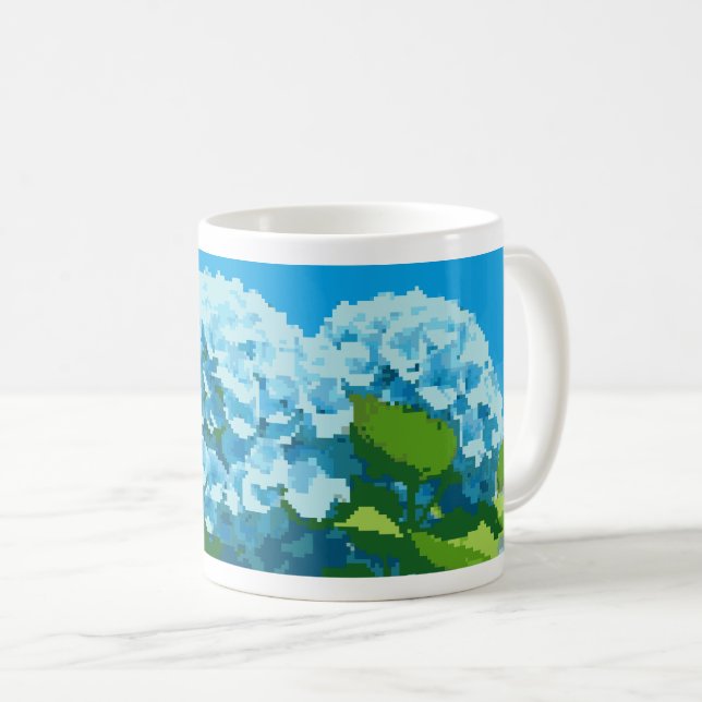 Café caneca adornada com drangeas azuis de arte pixel (Frente Esquerda)