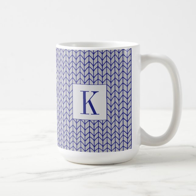 Café Caneca Alta de Cerâmica Branca com MALHA AZUL CINZ (Direita)