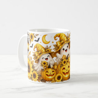 Café Caneca Amarelo Fantasmas de Halloween & Girassóis