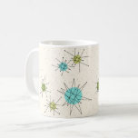 Café Caneca atômica icónica de Starbursts<br><div class="desc">Este teste padrão atômico icónico da caneca de Starbursts caracteriza starbursts atômicos icónicos. Isso é direito! A velha escola, o fundo colorido de creme com salpicos do ouro é o contexto perfeito para a turquesa vibrante, o aipo reconfortante, e os círculos coloridos do verde kitschy da pera. Os pontos da...</div>
