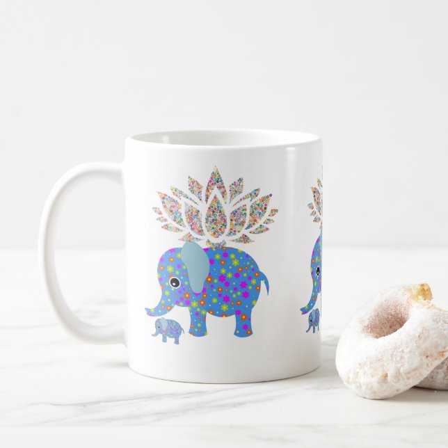 Café Caneca Azul de Elefante Colorido (Com Donut)