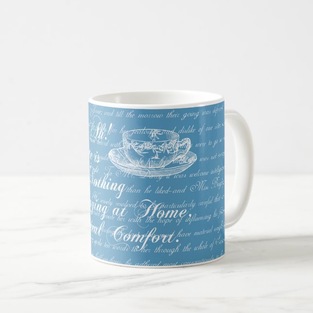 Café Caneca azul e branca do texto Home de Jane Austen (Frente Esquerda)