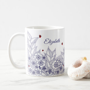 Café Caneca Botânica de Arte Popular Azul Personalizada