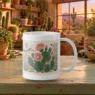 Café Caneca Botânica Linoleogravura de Cactos Após Chuv