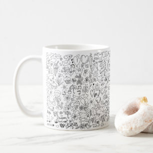Café caneca branca desenhada pela mão de rabo preto