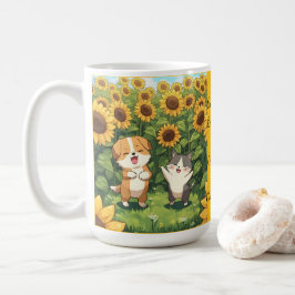 Café Caneca Campo de Girassóis de Gato e Cachorro Fofos