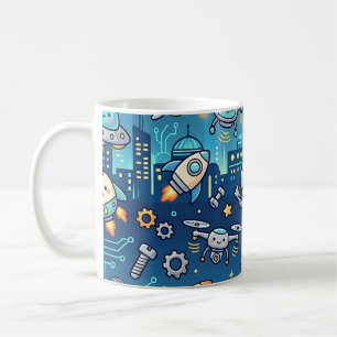 Café Caneca Cidade Futurista Robô Fofo - Padrão de Tecn