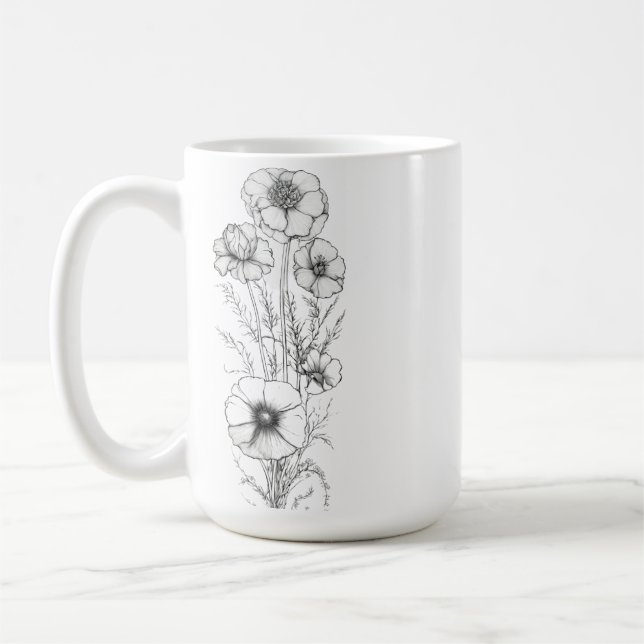 Café Caneca Clássica de 450ml com Desenho Floral Outlin (Esquerda)