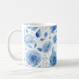 Café Caneca Clássica de Rosas em Aquarela Azul Elegante