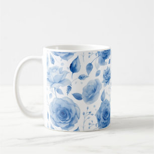 Café Caneca Clássica de Rosas em Aquarela Azul Elegante