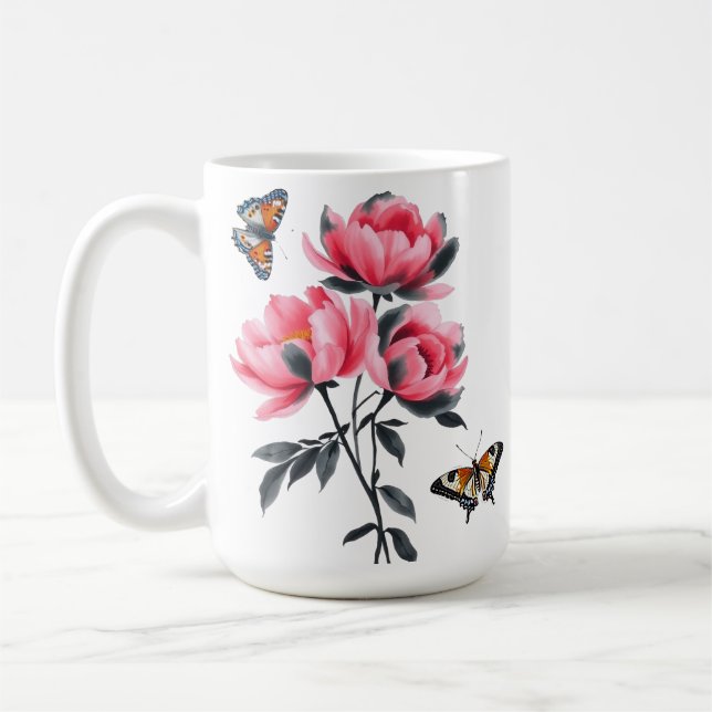 Café Caneca Clássica - Flores De Pênia Rosa, Borboletas (Esquerda)