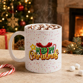 Café Caneca Colorida de Natal com Laço e Cana de Açúcar