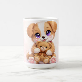 Café Caneca com cachorrinho fofo segurando ursinho de p