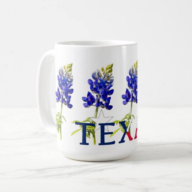 Café Caneca com Cinco Flores de Bluebonnet do Texas (Frente Esquerda)