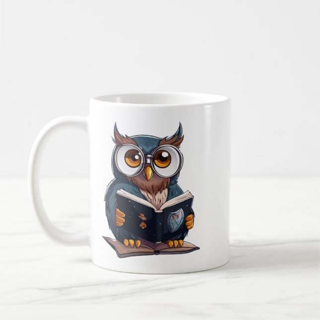 Café caneca com design de coruja de leitura de livro (Esquerda)