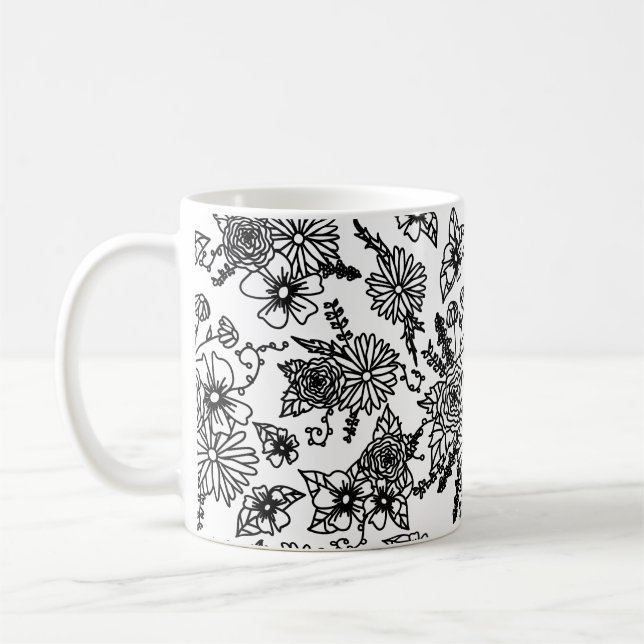 Café Caneca com estampa de flor silvestre preta e branc (Esquerda)