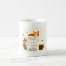 Café Caneca com Gato Sonolento em Pilha de Livros