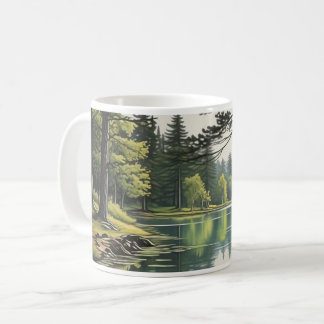 Café Caneca com ilustração de lago e floresta