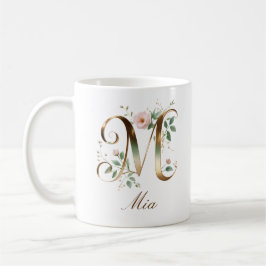 Café Caneca com Monograma de Letra M Floral em Ouro Ele