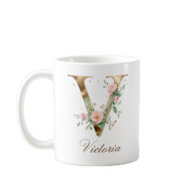 Caneca com Monograma de Letra V Floral em Ouro Ele