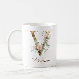 Café Caneca com Monograma de Letra V Floral em Ouro Ele