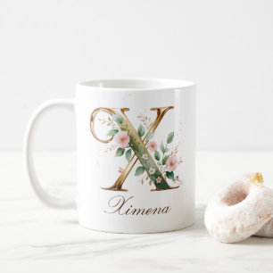 Café Caneca com Monograma de Letra X Floral em Ouro Ele