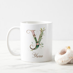 Café Caneca com Monograma de Letra Y Floral em Ouro Ele