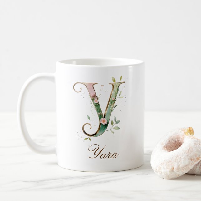 Café Caneca com Monograma de Letra Y Floral em Ouro Ele (Com Donut)