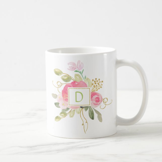 Café Caneca com Monograma de Rosas Cor-de-Rosa Brilho D (Direita)
