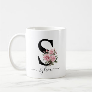 Café Caneca com Monograma Floral de Rosas Cor-de-Rosa L