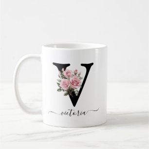 Café Caneca com Monograma Floral de Rosas Cor-de-Rosa L