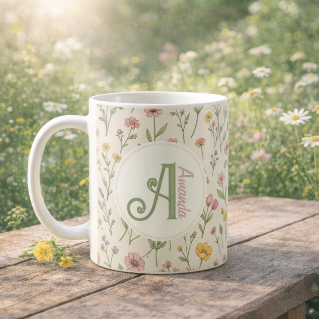 Café Caneca com Monograma Personalizado de Flores Silve (Personalized Wildflower Monogram Mug)