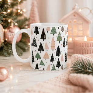 Café Caneca com Padrão de Árvore de Natal Rosa Moderna