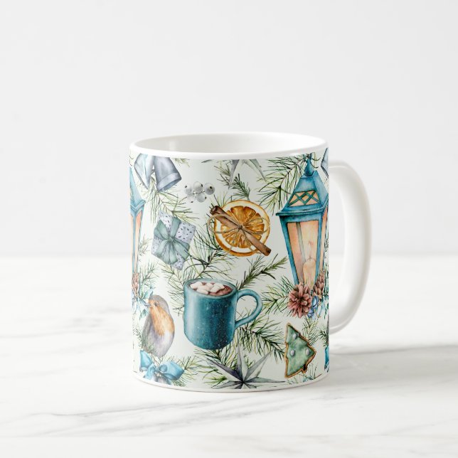 Café Caneca com padrão de decorações de Natal (Frente Esquerda)